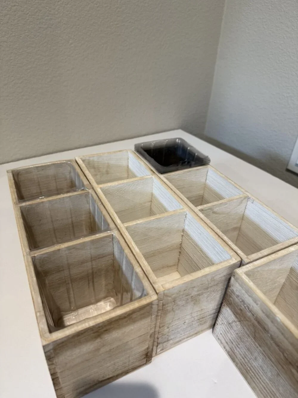 3 Set of Whitewashed Wood Planter Boxes 3 Compartment with Plastic Liners Rustic